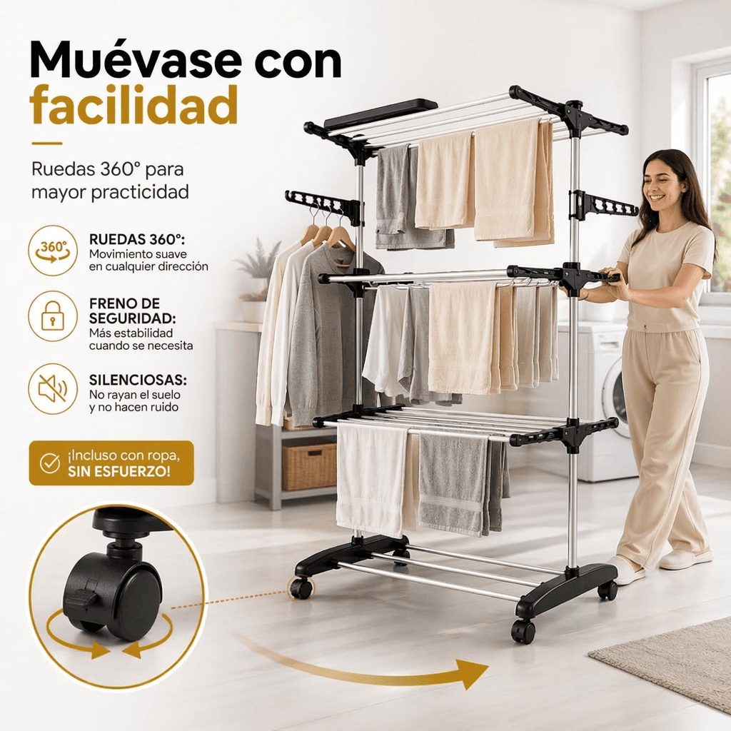 Tendedero con ruedas desplazándose por el salón cargado de ropa